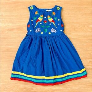 Mini Boden Embroidered Parrot Dress 6-7Y Blue Cotton Bird Floral Rainbow